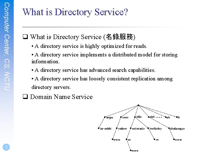 Computer Center, CS, NCTU What is Directory Service? q What is Directory Service (名錄服務)