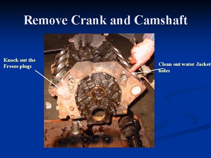 Remove Crank and Camshaft Knock out the Freeze plugs Clean out water Jacket holes