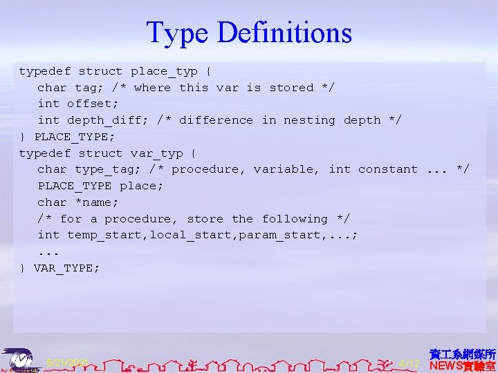 Type Definitions typedef struct place_typ { char tag; /* where this var is stored