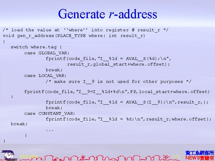Generate r-address /* load the value at ‘‘where’’ into register # result_r */ void