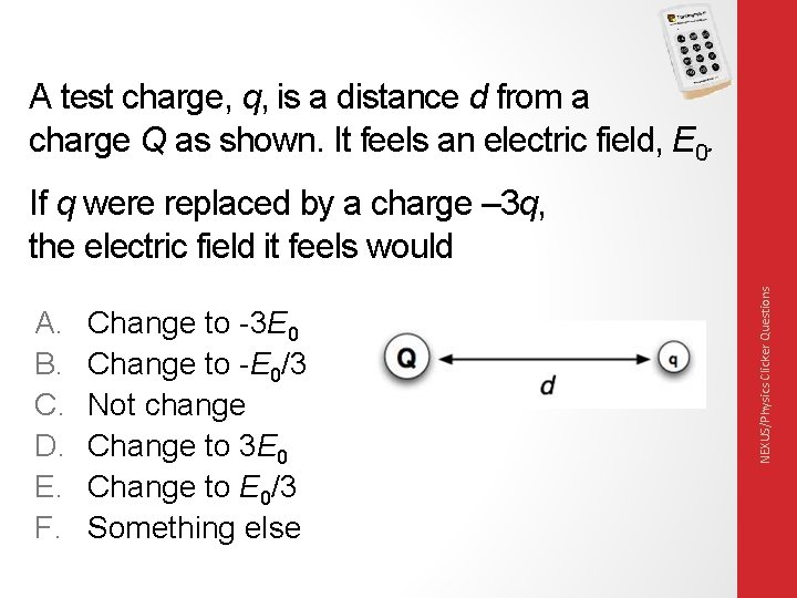 A test charge, q, is a distance d from a charge Q as shown.