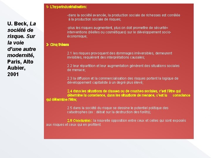 1 - L’hyperindustrialisation: U. Beck, La société de risque. Sur la voie d’une autre