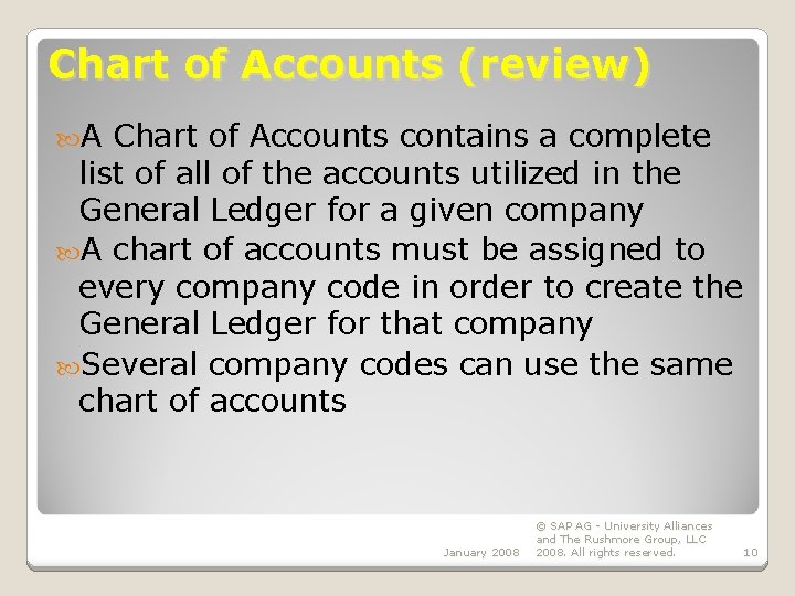 Chart of Accounts (review) A Chart of Accounts contains a complete list of all