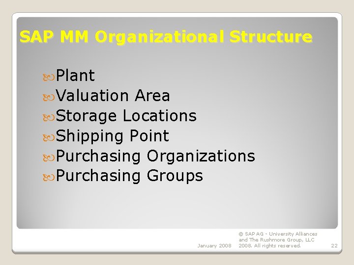 SAP MM Organizational Structure Plant Valuation Area Storage Locations Shipping Point Purchasing Organizations Purchasing