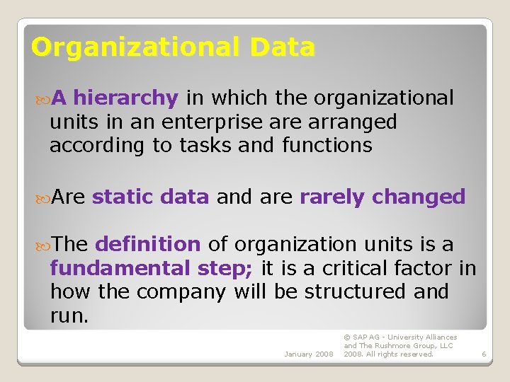 Organizational Data A hierarchy in which the organizational units in an enterprise arranged according