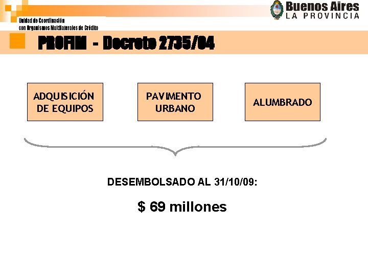 PROFIM - Decreto 2735/04 ADQUISICIÓN DE EQUIPOS PAVIMENTO URBANO ALUMBRADO DESEMBOLSADO AL 31/10/09: $