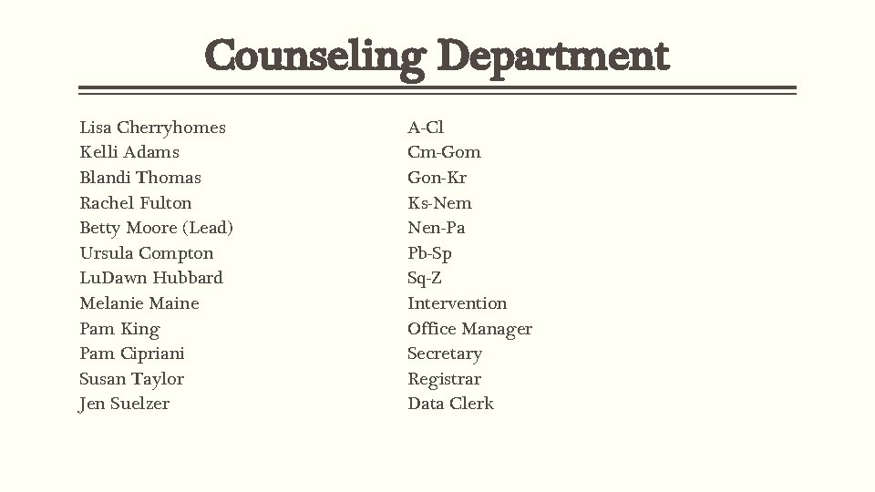 Counseling Department Lisa Cherryhomes Kelli Adams Blandi Thomas Rachel Fulton Betty Moore (Lead) Ursula