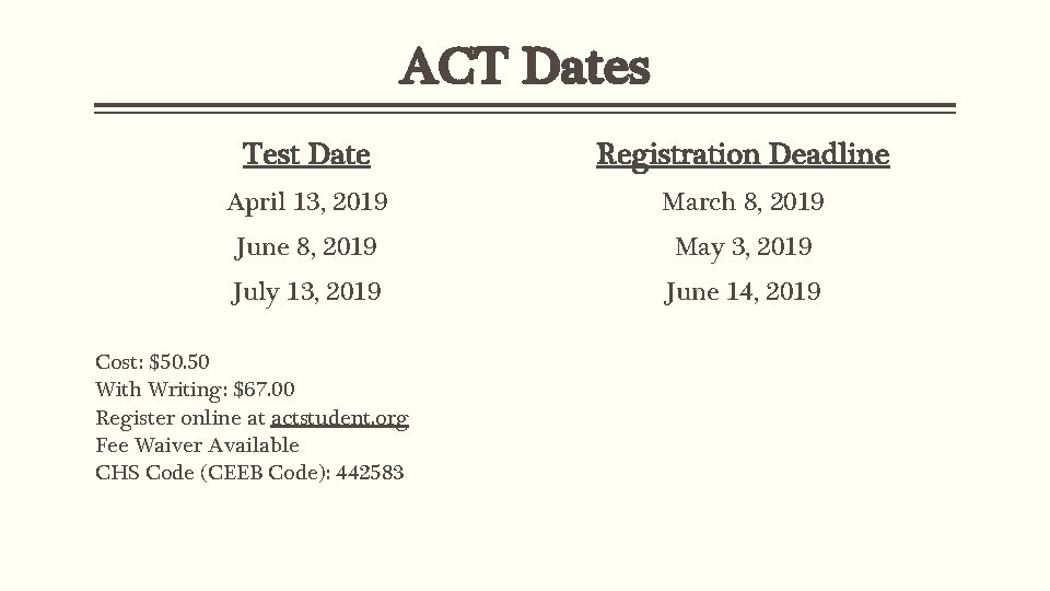 ACT Dates Test Date Registration Deadline April 13, 2019 March 8, 2019 June 8,
