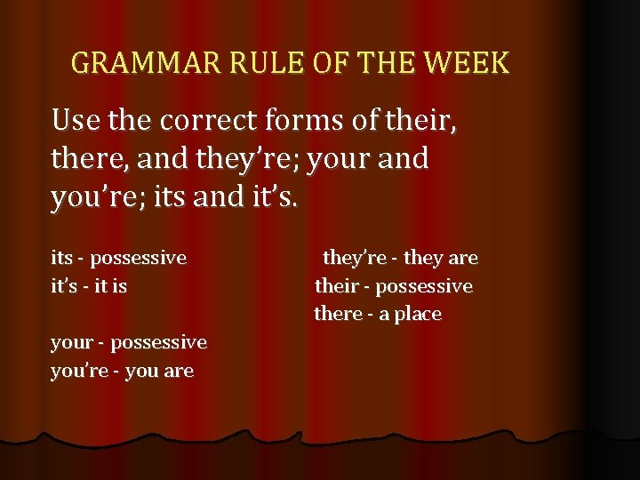 GRAMMAR RULE OF THE WEEK Use the correct forms of their, there, and they’re;