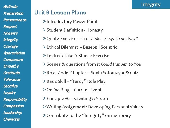 Attitude Preparation Perseverance Respect Honesty Integrity Courage Appreciation Composure Empathy Gratitude Tolerance Sacrifice Loyalty