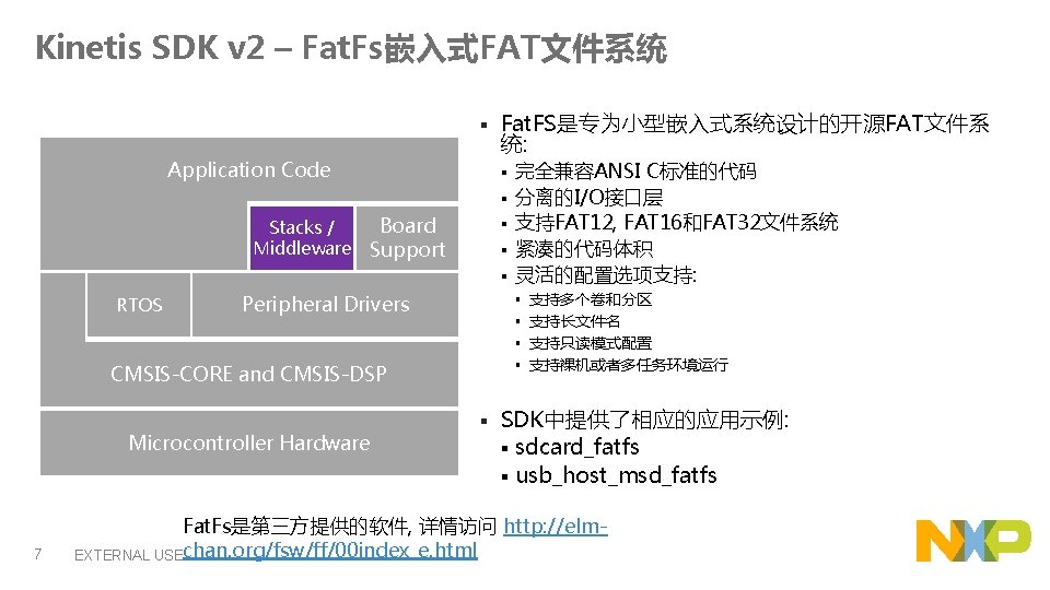 Kinetis SDK v 2 – Fat. Fs嵌入式FAT文件系统 § Application Code Fat. FS是专为小型嵌入式系统设计的开源FAT文件系 统: §