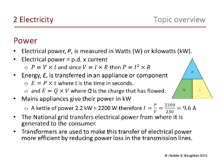 2 Electricity Topic overview Power © Hodder & Stoughton 2016 2 Electricity Topic overview Power © Hodder & Stoughton 2016
