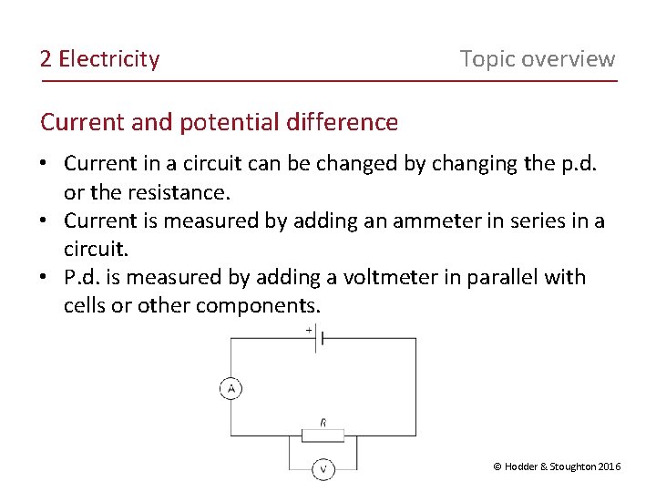 2 Electricity Topic overview Current and potential difference • Current in a circuit can 2 Electricity Topic overview Current and potential difference • Current in a circuit can