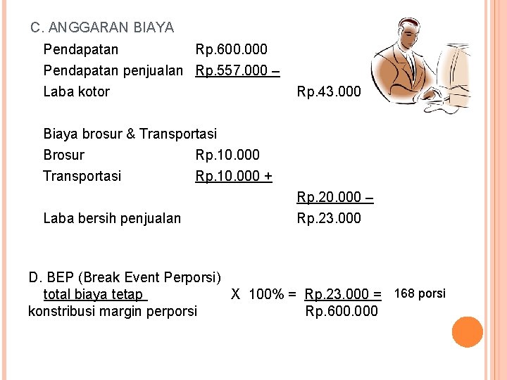 C. ANGGARAN BIAYA Pendapatan Rp. 600. 000 Pendapatan penjualan Rp. 557. 000 – Laba