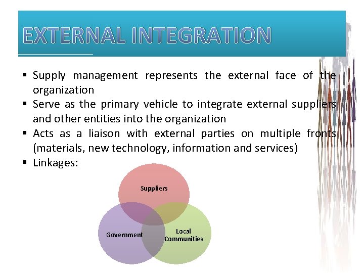 EXTERNAL INTEGRATION § Supply management represents the external face of the organization § Serve