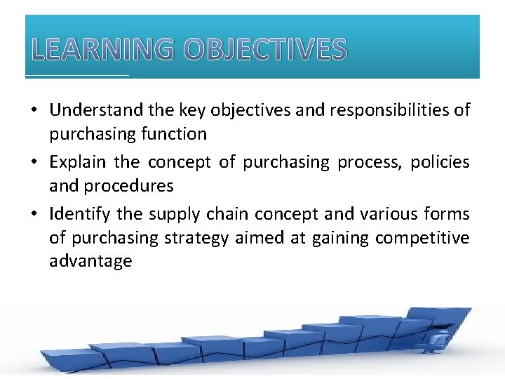 LEARNING OBJECTIVES • Understand the key objectives and responsibilities of purchasing function • Explain