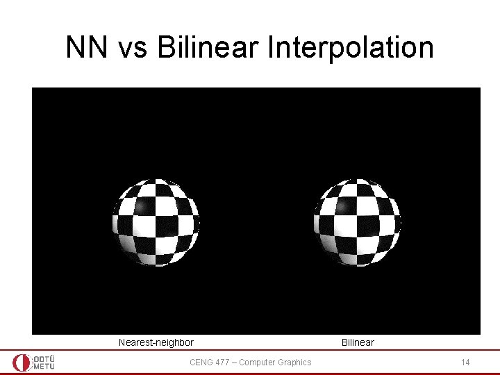 NN vs Bilinear Interpolation Nearest-neighbor CENG 477 – Computer Graphics Bilinear 14 