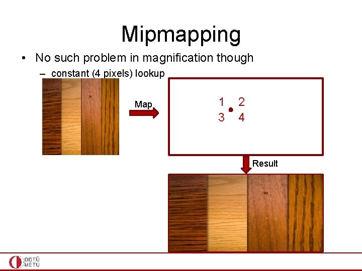 Mipmapping • No such problem in magnification though – constant (4 pixels) lookup Map