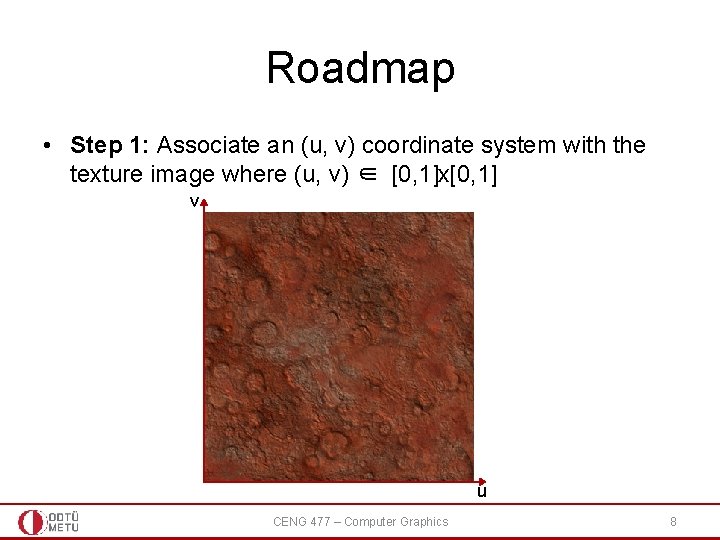 Roadmap • Step 1: Associate an (u, v) coordinate system with the texture image