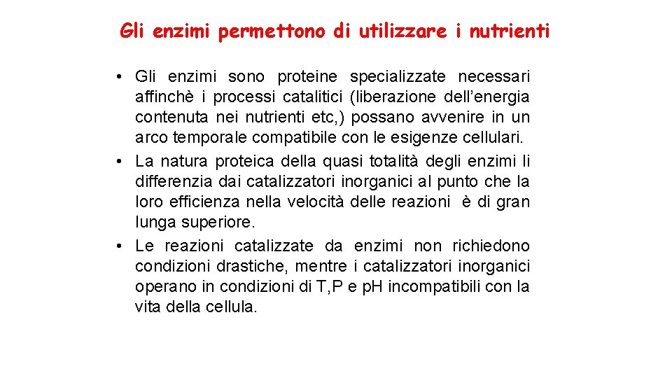 Gli enzimi permettono di utilizzare i nutrienti • Gli enzimi sono proteine specializzate necessari