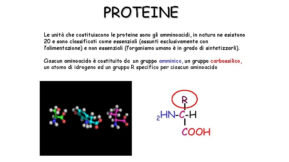 PROTEINE Le unità che costituiscono le proteine sono gli amminoacidi, in natura ne esistono