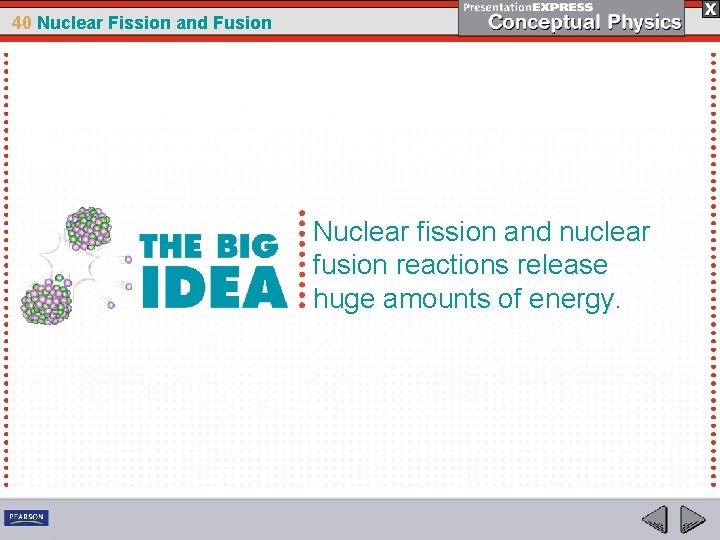 40 Nuclear Fission and Fusion Nuclear fission and nuclear fusion reactions release huge amounts