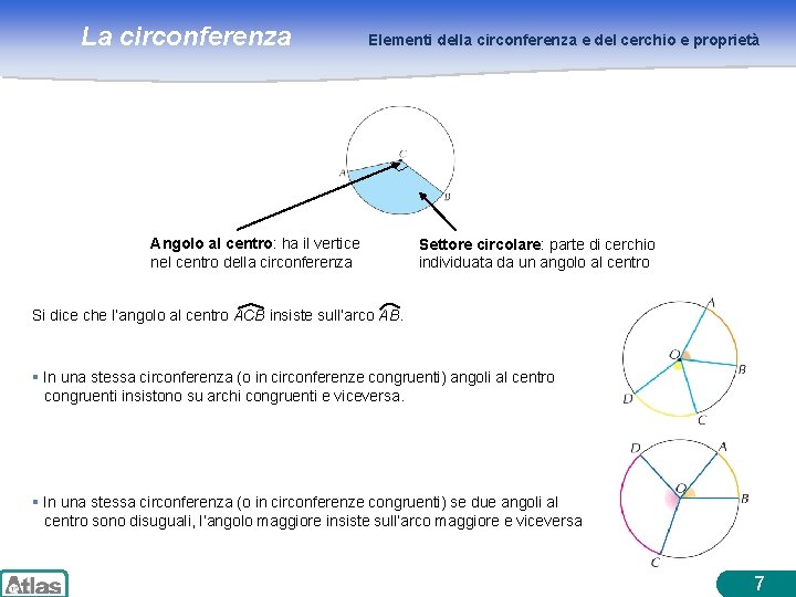 La circonferenza Elementi della circonferenza e del cerchio e proprietà Angolo al centro: ha