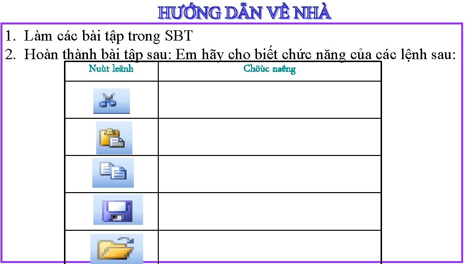 1. Làm các bài tập trong SBT 2. Hoàn thành bài tập sau: Em