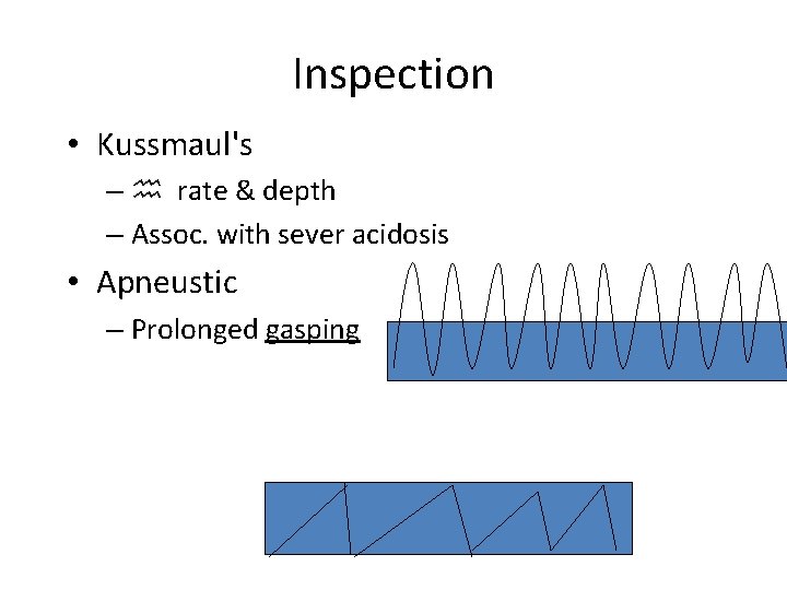 Inspection • Kussmaul's – h rate & depth – Assoc. with sever acidosis •