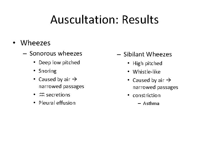 Auscultation: Results • Wheezes – Sonorous wheezes • Deep low pitched • Snoring •