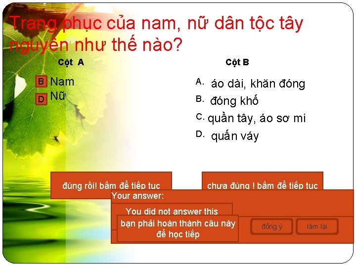 Trang phục của nam, nữ dân tộc tây nguyên như thế nào? Cột A