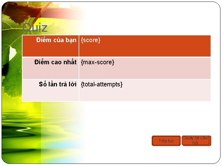 Quiz Điểm của bạn {score} Điểm cao nhất {max-score} Số lần trả lời {total-attempts}