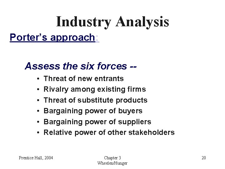 Industry Analysis Porter’s approach: Assess the six forces - • • • Threat of
