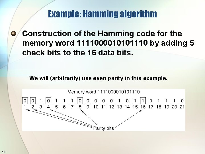 Example: Hamming algorithm Construction of the Hamming code for the memory word 1111000010101110 by