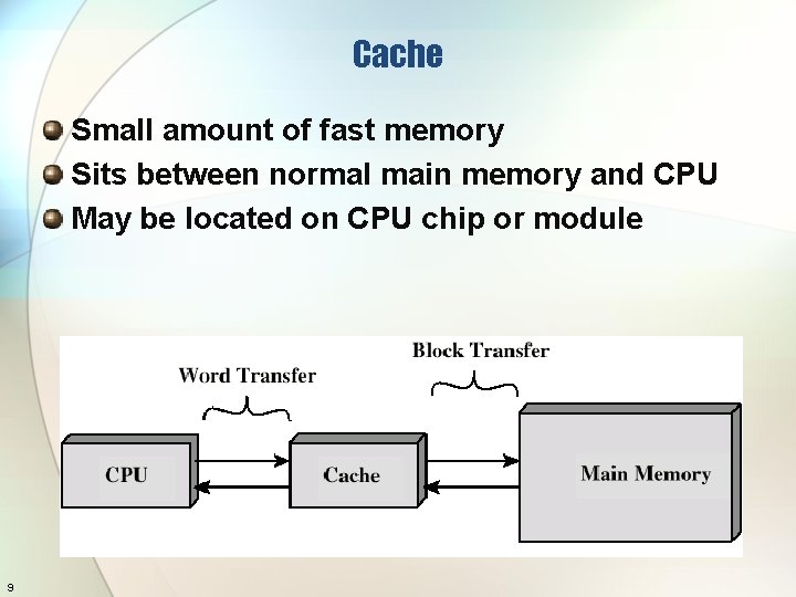 Cache Small amount of fast memory Sits between normal main memory and CPU May