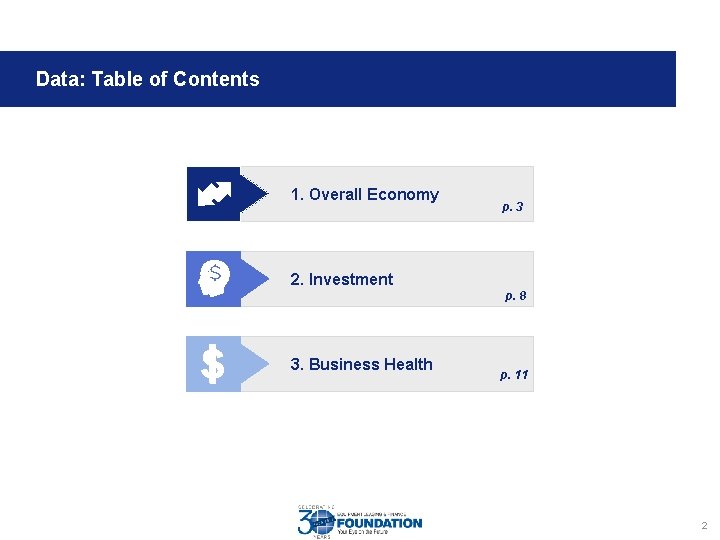 Data: Table of Contents 1. Overall Economy p. 3 2. Investment p. 8 3.