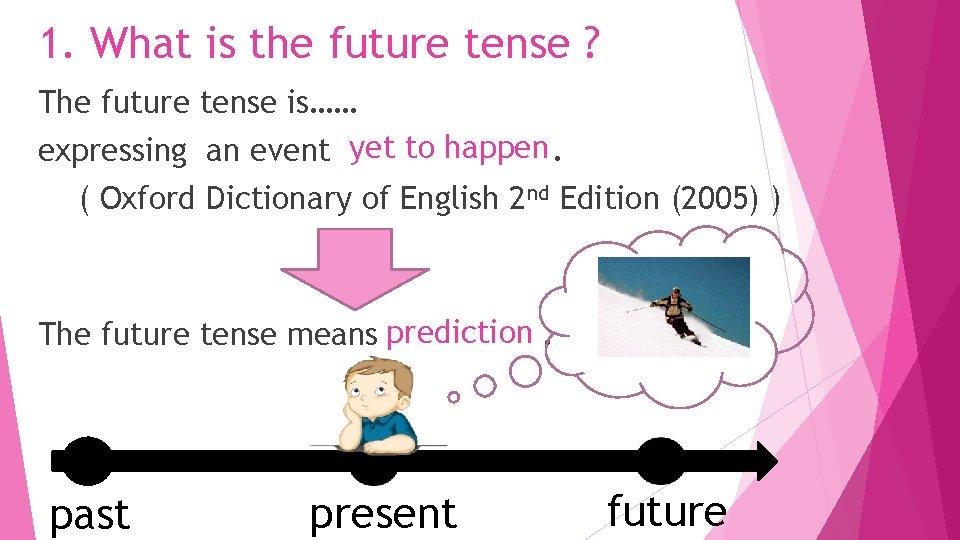 1. What is the future tense ? The future tense is…… expressing an event