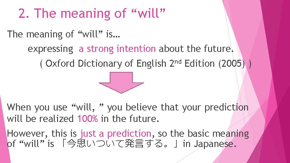 2. The meaning of “will” is… expressing a strong intention about the future. (