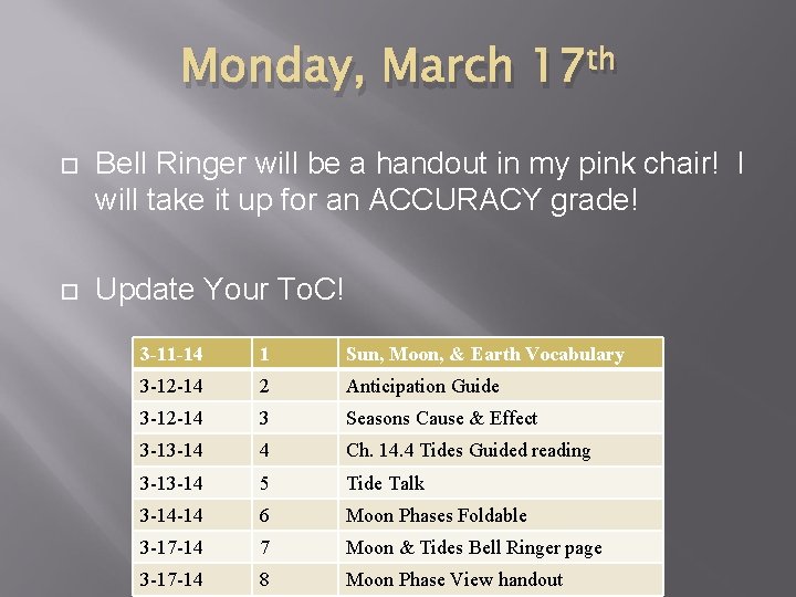 Monday, March 17 th Bell Ringer will be a handout in my pink chair!