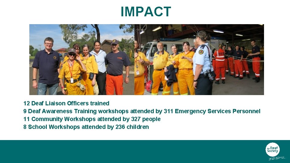 IMPACT 12 Deaf Liaison Officers trained 9 Deaf Awareness Training workshops attended by 311