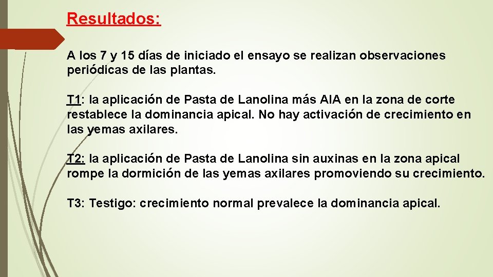 Resultados: A los 7 y 15 días de iniciado el ensayo se realizan observaciones