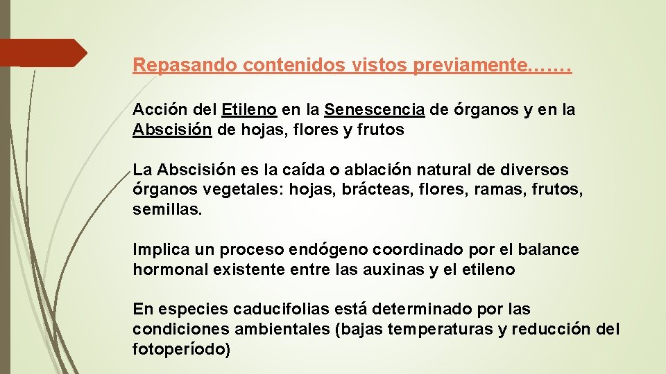 Repasando contenidos vistos previamente……. Acción del Etileno en la Senescencia de órganos y en