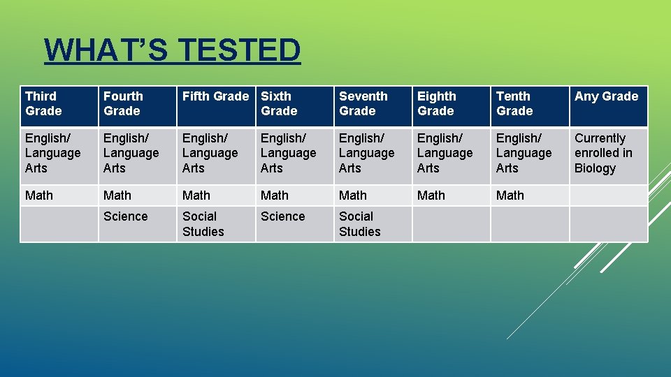 WHAT’S TESTED Third Grade Fourth Grade Fifth Grade Sixth Grade Seventh Grade Eighth Grade