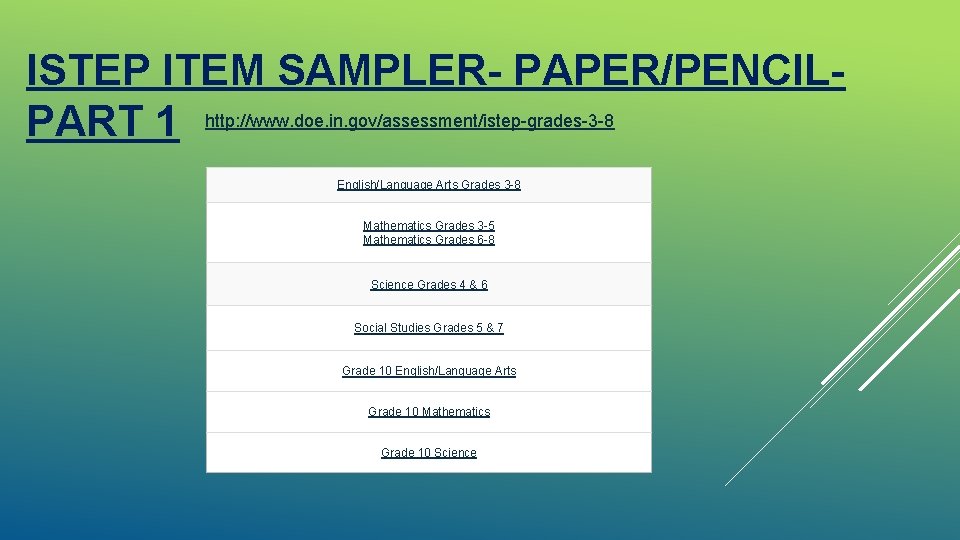 ISTEP ITEM SAMPLER- PAPER/PENCILPART 1 http: //www. doe. in. gov/assessment/istep-grades-3 -8 English/Language Arts Grades