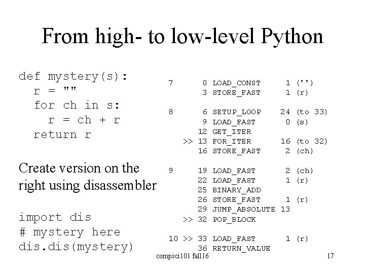 From high- to low-level Python def mystery(s): r = "" for ch in s: