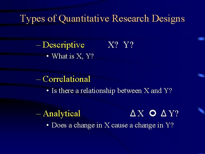 Types of Quantitative Research Designs – Descriptive X? Y? • What is X, Y?