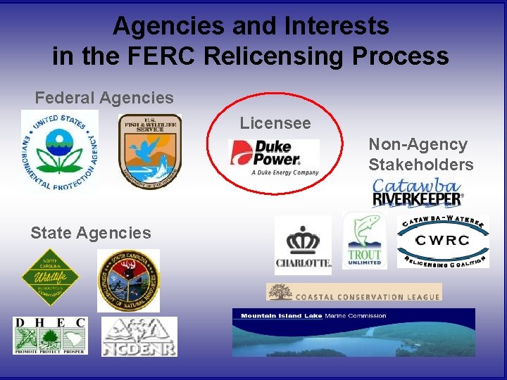 Agencies and Interests in the FERC Relicensing Process Federal Agencies Licensee Non-Agency Stakeholders State Agencies and Interests in the FERC Relicensing Process Federal Agencies Licensee Non-Agency Stakeholders State