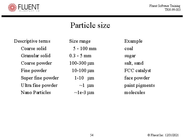 Fluent Software Training TRN-99 -003 Particle size Descriptive terms Coarse solid Granular solid Coarse Fluent Software Training TRN-99 -003 Particle size Descriptive terms Coarse solid Granular solid Coarse