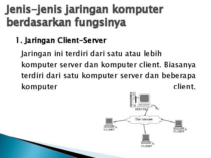Jenis-jenis jaringan komputer berdasarkan fungsinya 1. Jaringan Client-Server Jaringan ini terdiri dari satu atau
