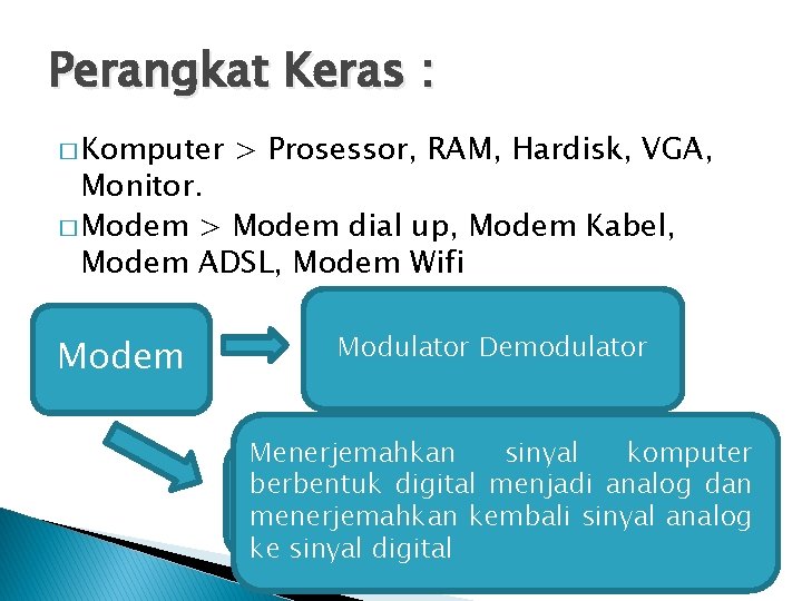 Perangkat Keras : � Komputer > Prosessor, RAM, Hardisk, VGA, Monitor. � Modem >